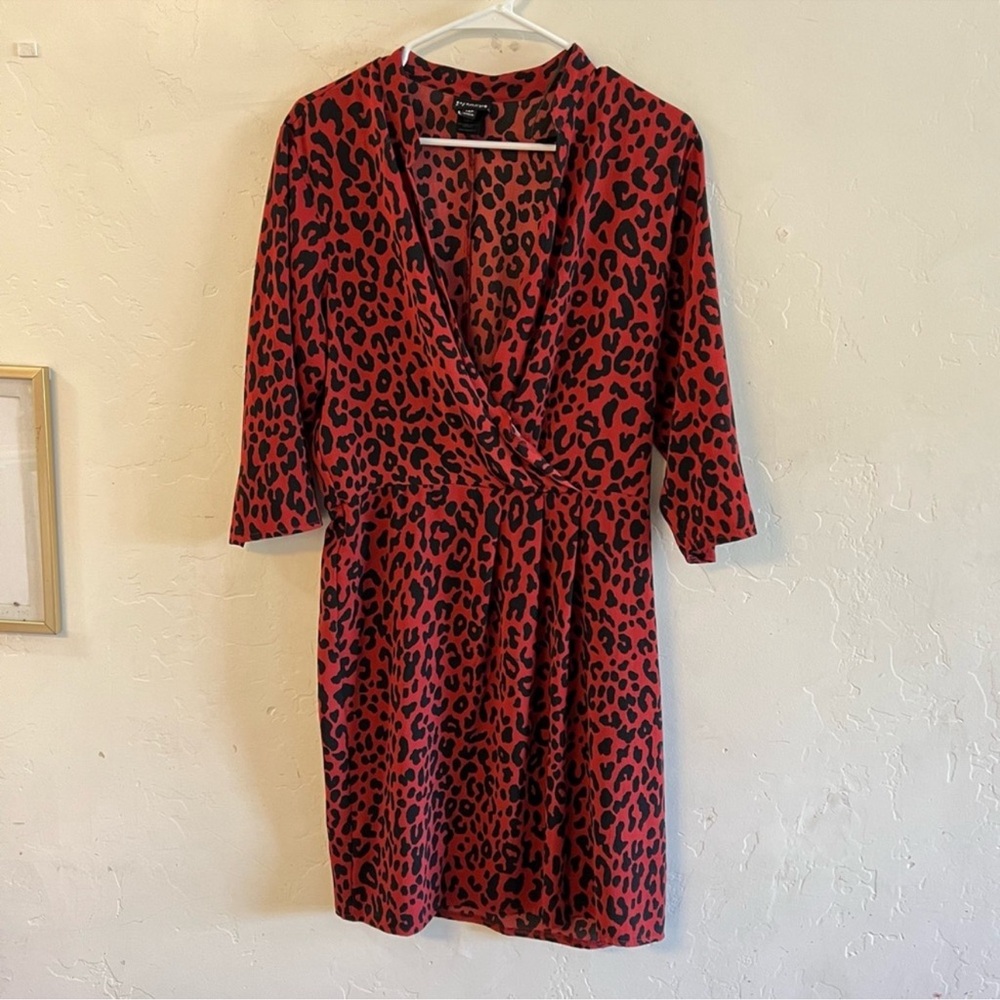 Enfocus Red & Black Leopard Print Cross Front Sheath Dress 14 Petite